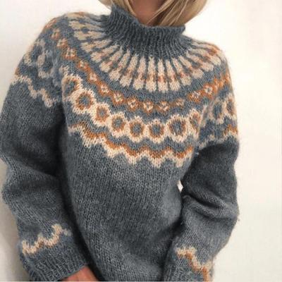 Women's Autumn and Winter Casual Loose Patchwork Knitted Turtleneck Printed Sweater