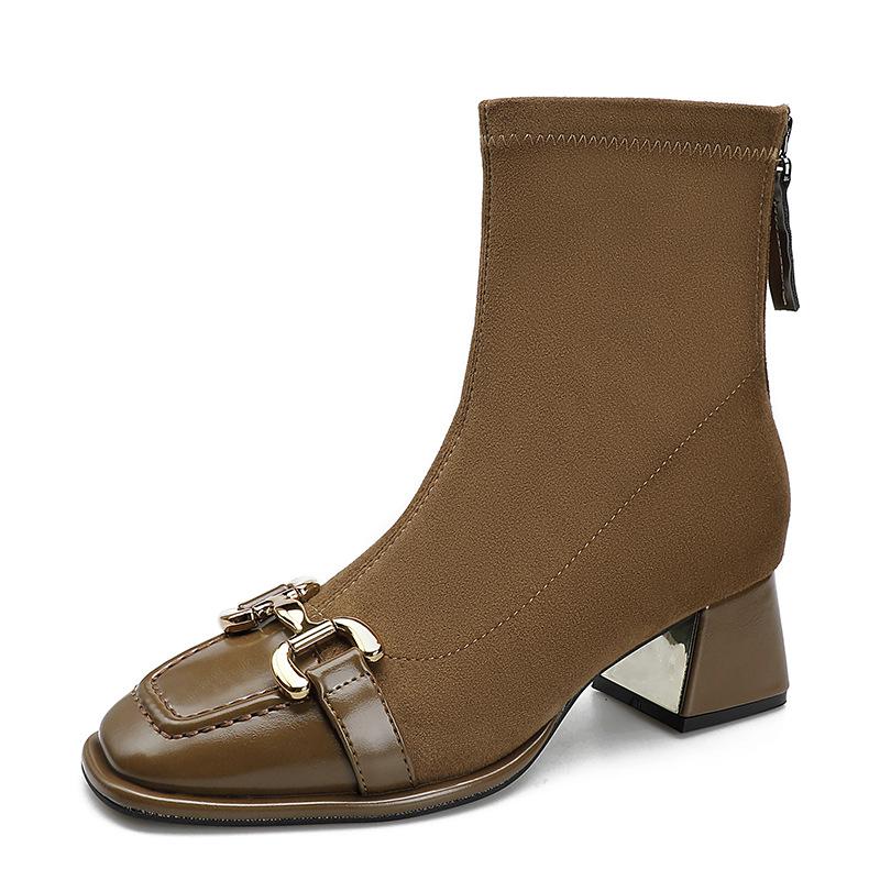 High Heel Short Boots New Year's Boots Splicing Square Head Spring and Autumn Single Boots Thick Heel Retro Horse Buckle Medium Boots