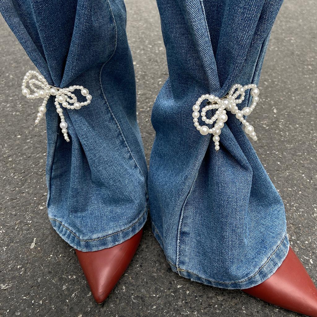 ins bow pants anklet, trouser length shortened decoration, European and American pins imitation pearls