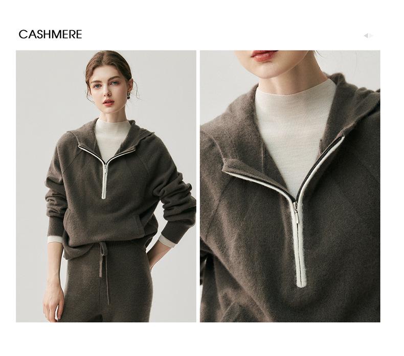 Women's Elegant Hooded Half-Zip Cashmere Sweater - Versatile Knitwear for Autumn/Winter 2026