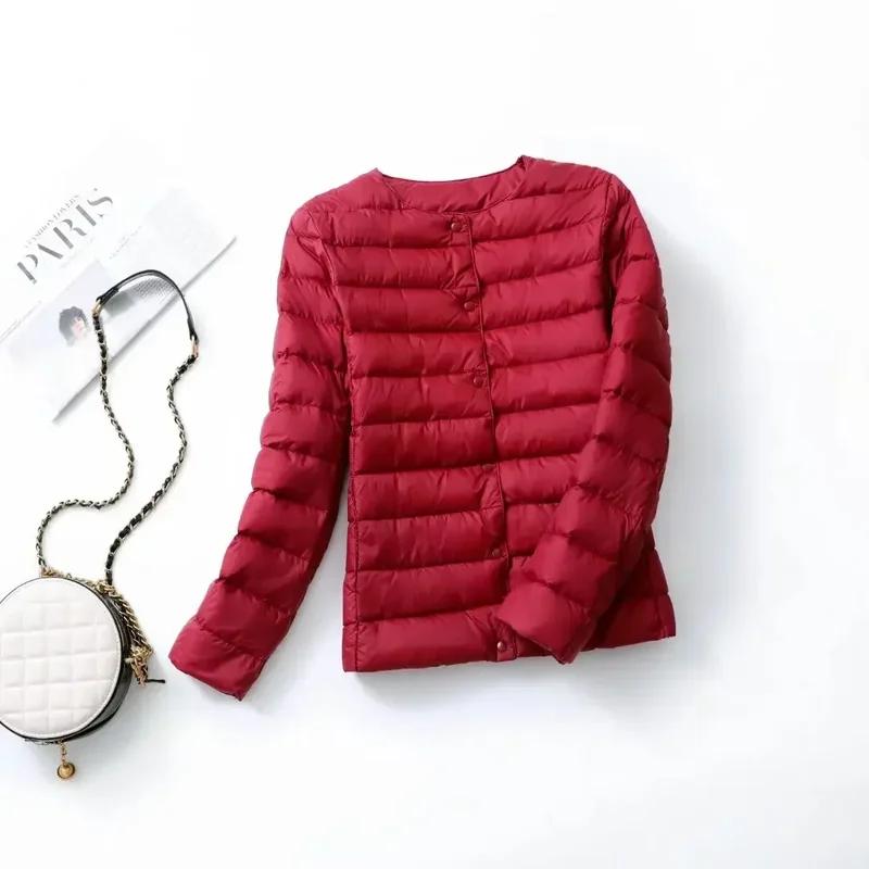 Mulheres Forro Duck Down Jacket O-neck Variável V-neck Feminino Outono Primavera Outono Sem Gola Leve Acolchoado Puffer Coat