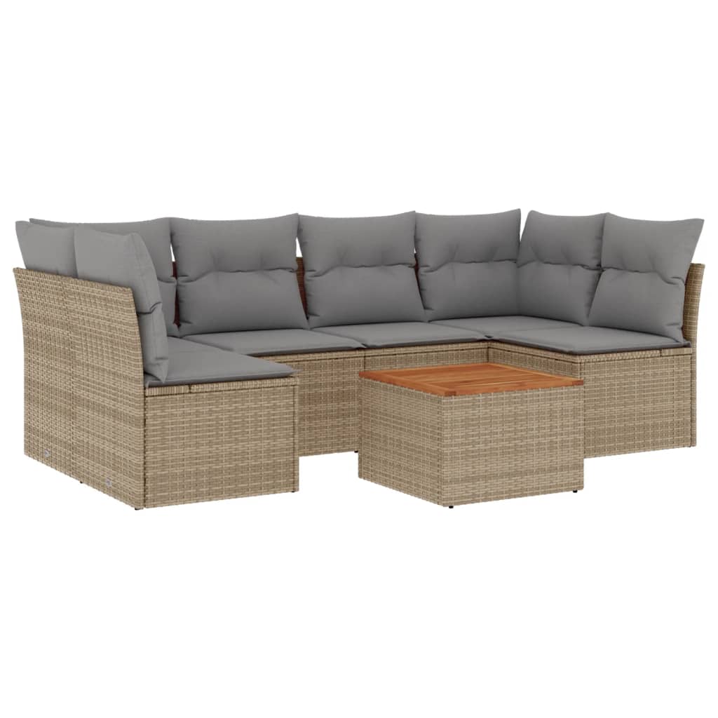 7 piece Garden Sofa Set with Cushions Beige Poly Rattan