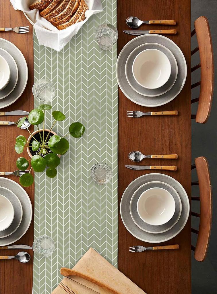 Sage Green Geometric Linen Table Runner Dresser Scarf Table Decor Modern Geometric Stripes Table Runners for Holiday Party Decor
