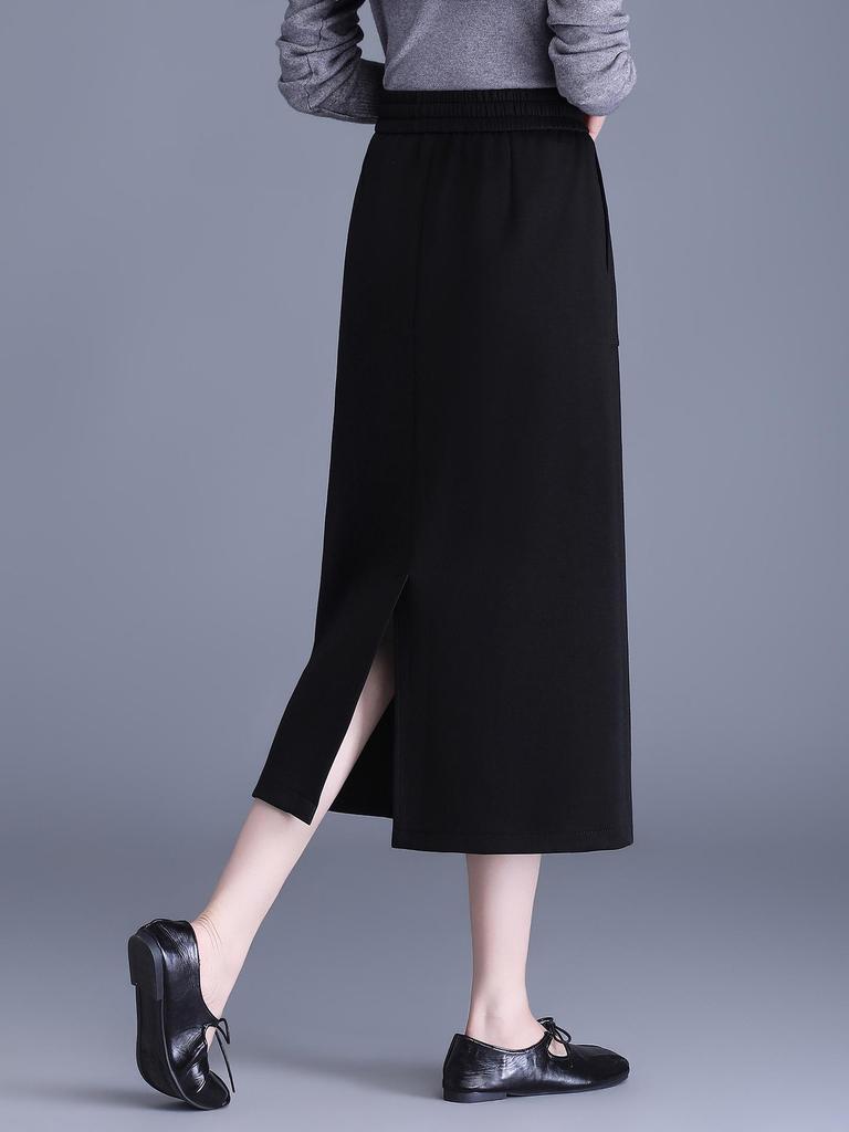 Slimming Draped Black Midi Skirt - Spring/Summer 2026 Collection, Elastic Waist, Casual Fit