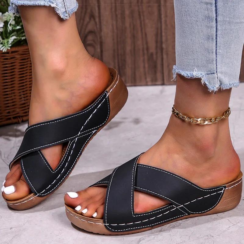 Comfortable Wedge Sandals  Retro Summer Half Slippers with Thick Sole and Crisscross Straps, Open Toe, Mid-Heel, PU Cover