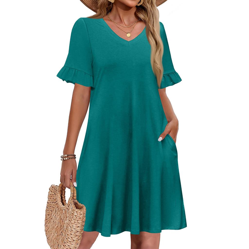 Women A Line Sun Dress Short Sleeve V Neck Dress With Pockets