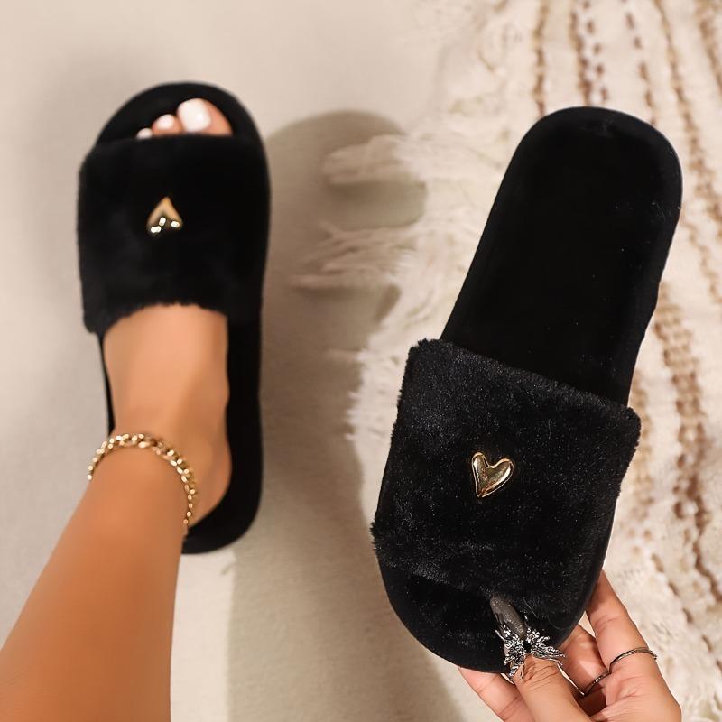 New high-end fashion love-decorated plush slippers for women with open toes, suitable for bedroom, living room, home, suitable for all seasons