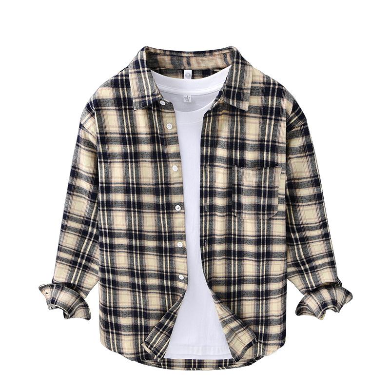 Spring Plaid Long-sleeved Shirt Men Casual Loose Japanese Retro Young Man Wearing A Fur Shirt