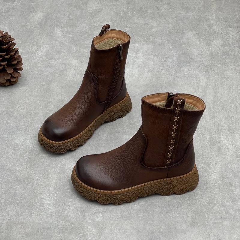 Johnature Botas Femininas Retro de Couro de Vaca Bico Redondo Quentes e de Sola Grossa Couro Genuíno Cano Médio
