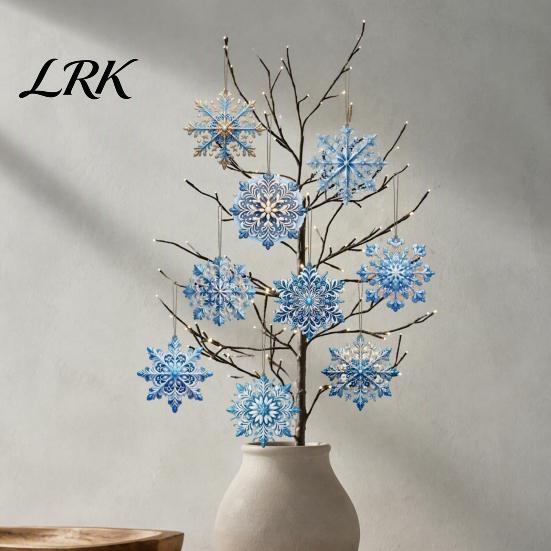 Ice Snow Theme Party Supplies 12 Pcs Wooden Snowflake Ornaments, Blue Winter Christmas Tree Hanging Decoration, Reusable Favors Double Sided