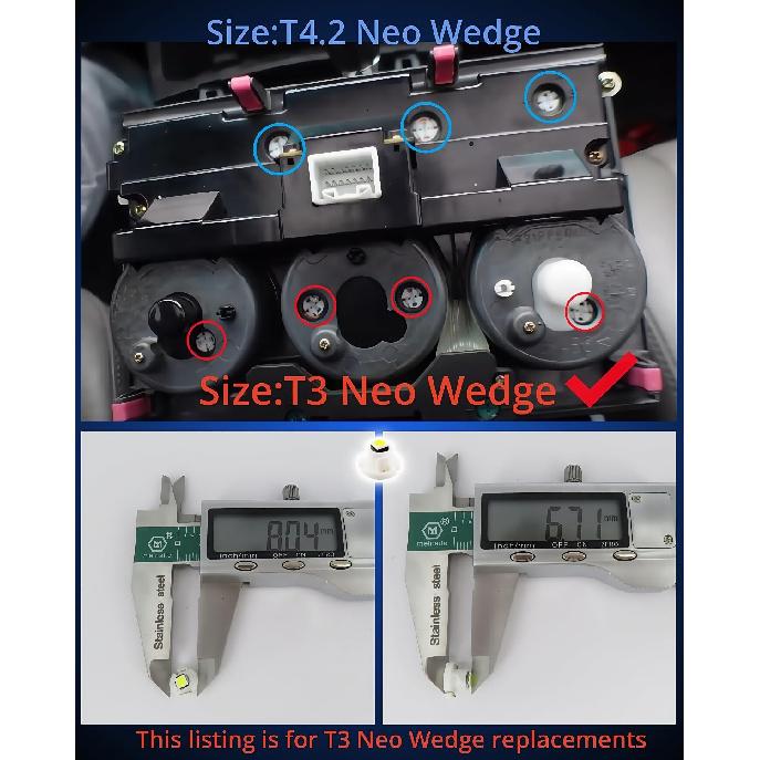 WLJH 10x Blue T3 Neo Wedge Led 3030 SMD Chip 8mm Base Car trument Cluster Light Dashboard Gauge HVAC AC Heater Climate Control Lamps Switch