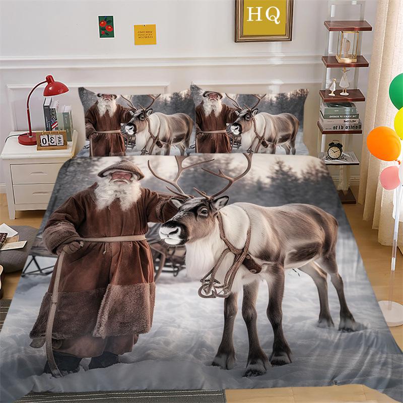 Jultomte Älg 3D-printad Polyester Kuddfodral Täcke Överdrag Två Eller Tre Delars Set