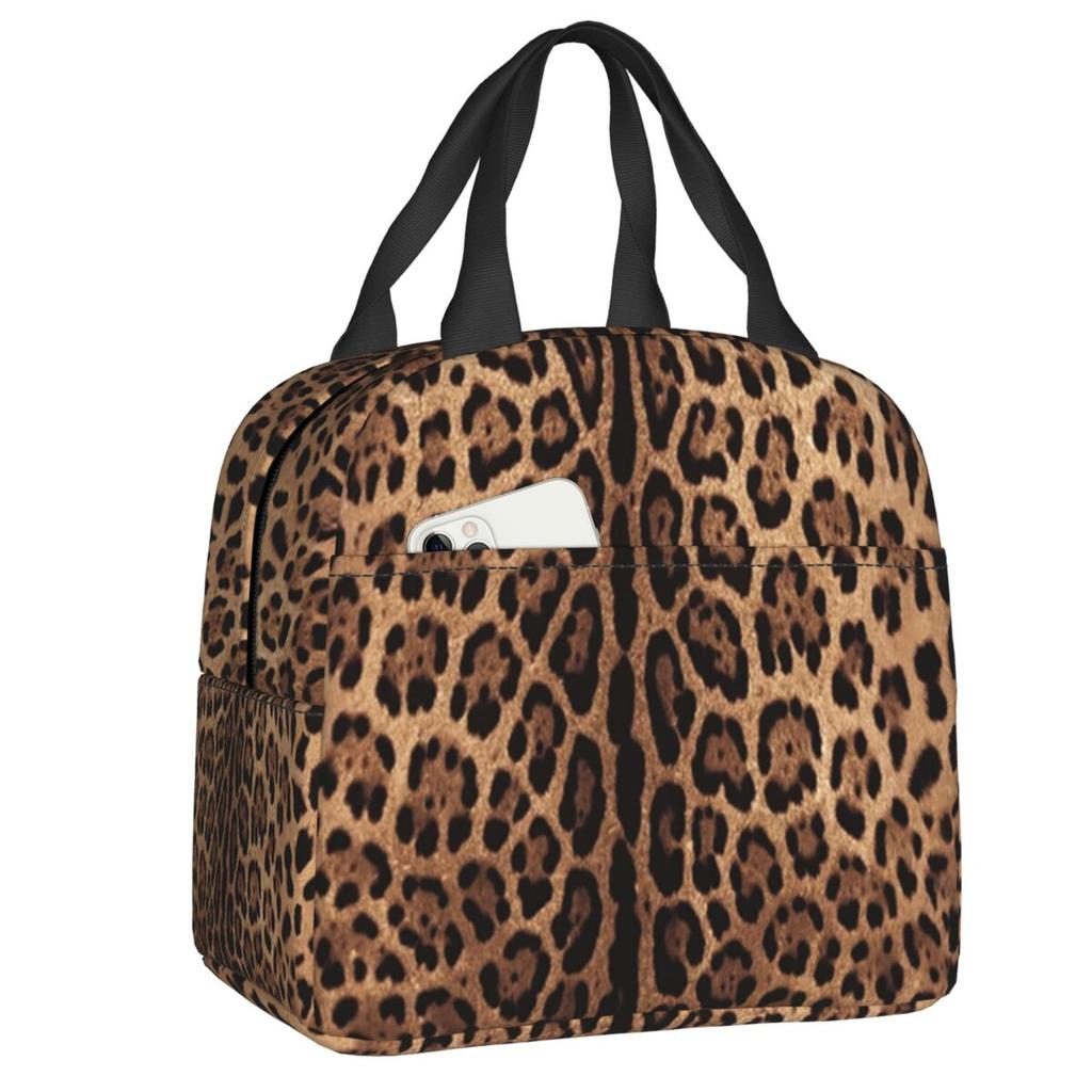 Benutzerdefinierte Leopardenmuster Tragbare Lunchboxen Damen Auslaufsicher Tierfellmuster Kühlbox Thermische Lebensmittelisolierte Lunchtasche Schüler