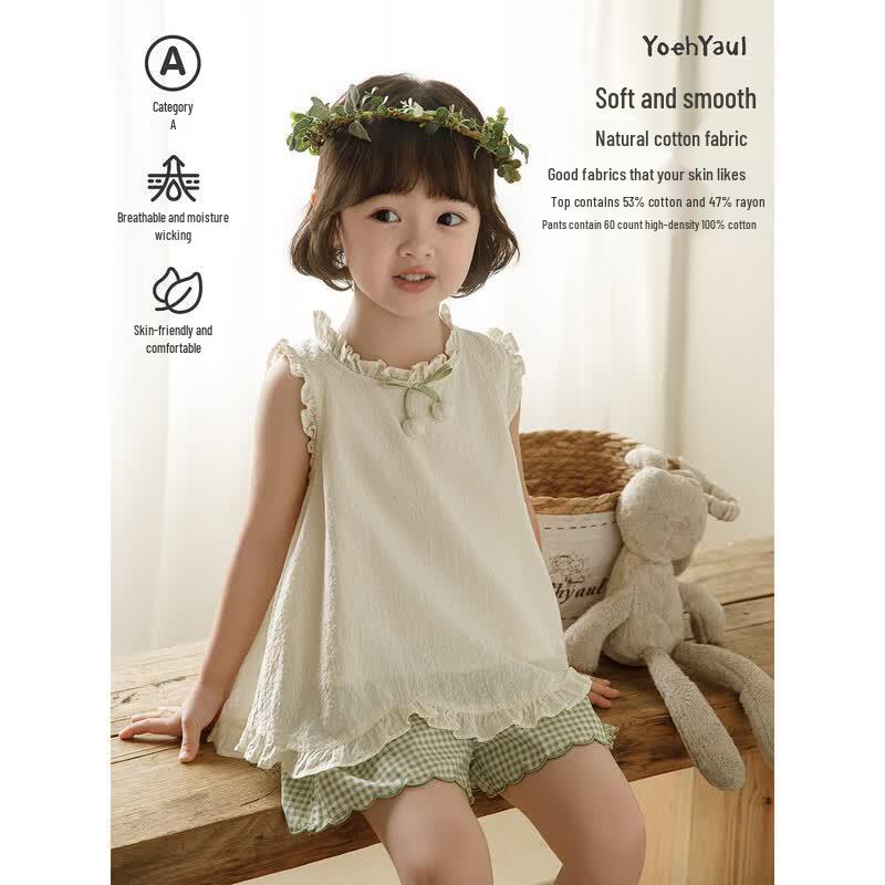Girls  Summer Ruffle Doll Top & Plaid Shorts Set 100 cm