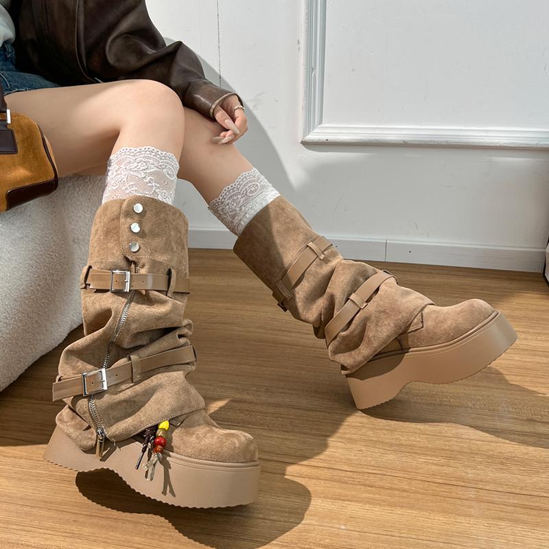 2026 Platform Women's High Boots Flats Designer Knee High Shoes Fashion Gothic Motorcycle Boots New Buckle Winter Mujer Botas