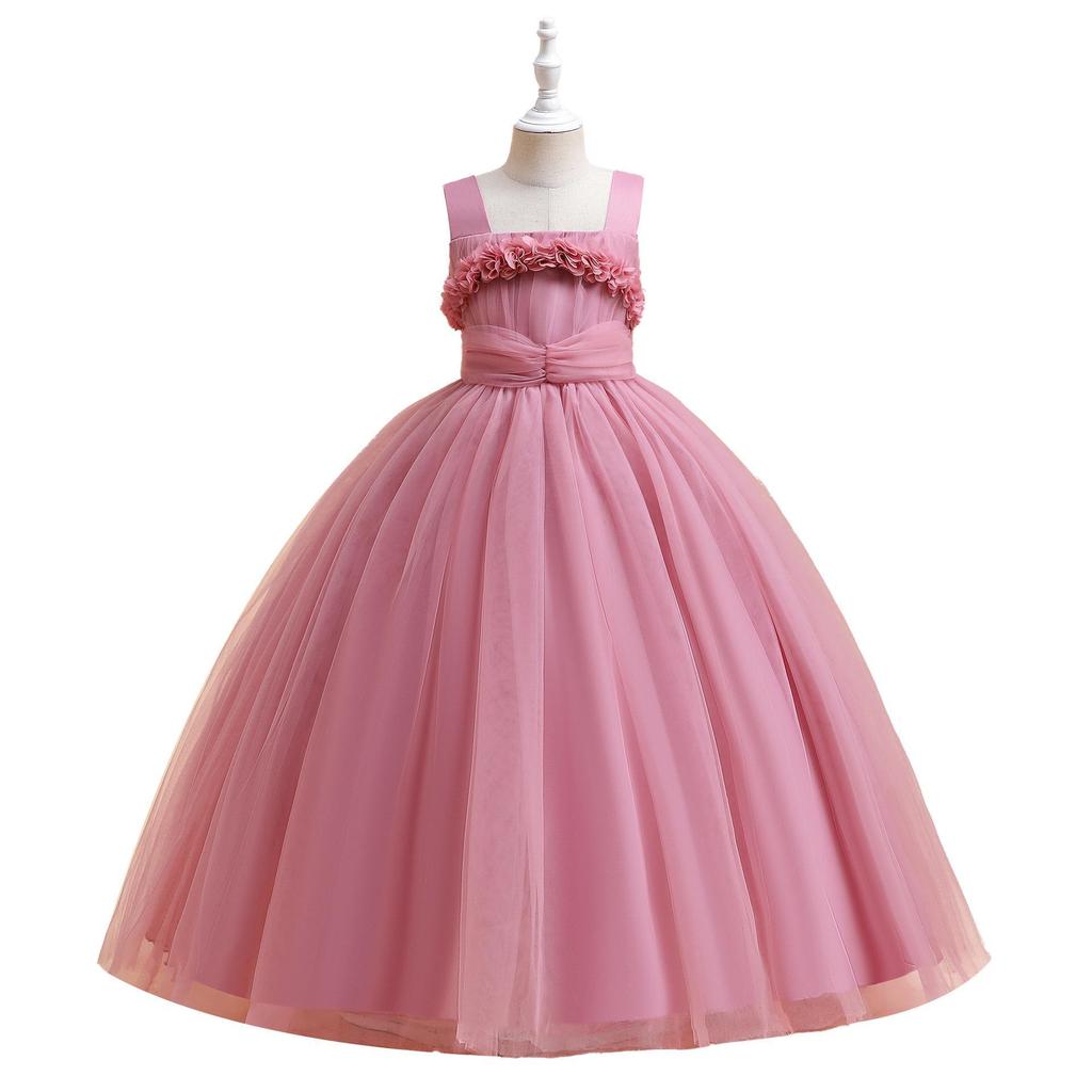 Children's 3D Floral Evening Dress - Long Puff Tulle for Piano Performance & Weddings