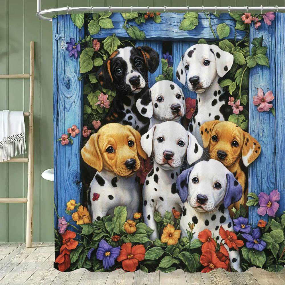 1 piece Cartoon Cat Shower Curtain, Cute Cat and Dog Bathroom Decorative Curtain, Home Printed Polyester Curtain with Hooks