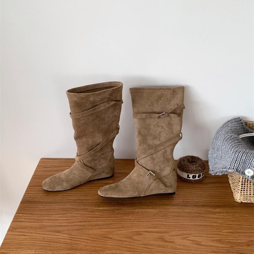 2025 Autumn High-quality Handmade Stacking Boots But Knee Round Head Boots Inner Height Increase Relaxation Suede Boots Women