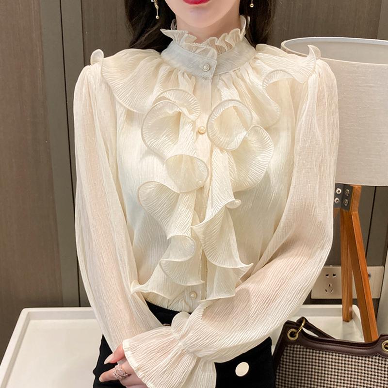 Autunno Vintage Ruffles Abbigliamento Pizzo Camicetta Donna Primavera Collo Alto Camicia Bianca Manica Lunga a Palloncino Ampia Elegante