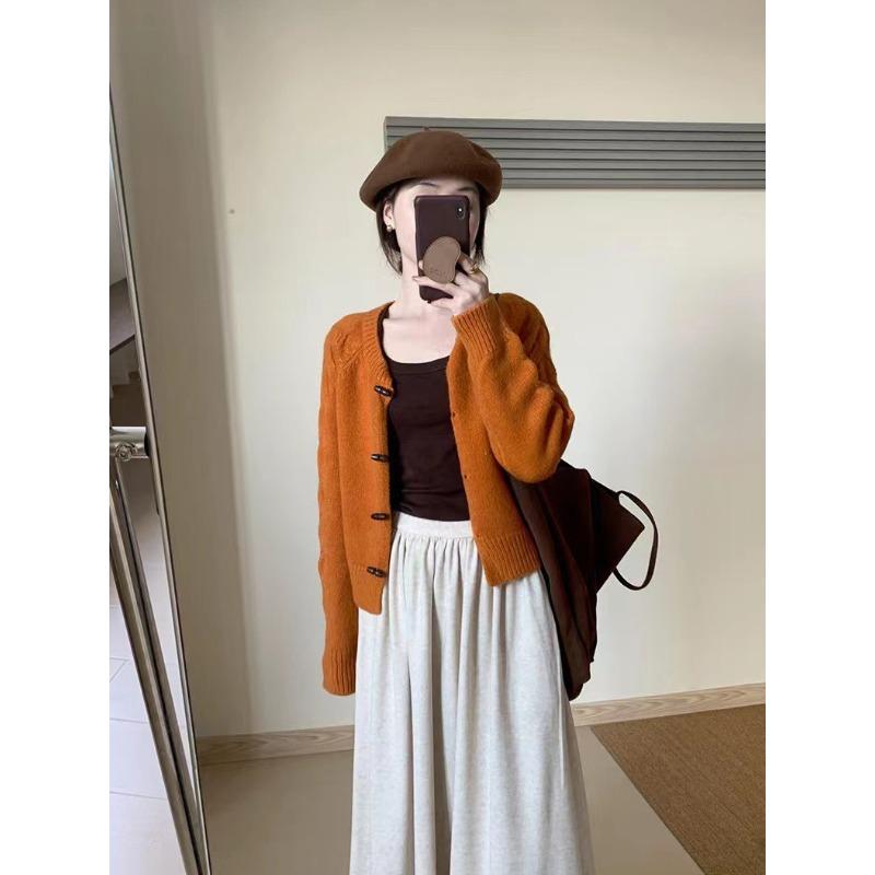 New retro horn button sweater jacket for women's casual simple crew neck cardigan jacket for women