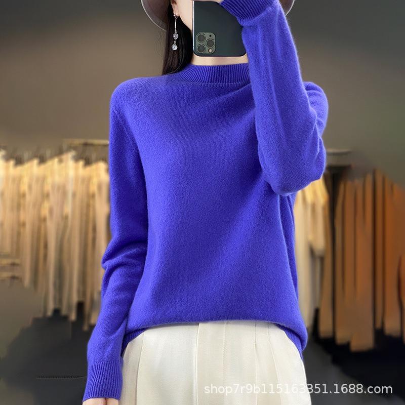 Autumn and winter new pure wool sweater women's semi-turtleneck first-line ready-to-wear wool sweater knitted sweater loose and thin bottoming shirt