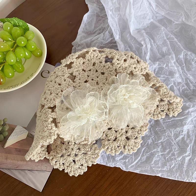 

Женская шапка в японском стиле, с ажурной вязкой крючком ручной работы, тонкая, в стиле ретро, с цветочным узором, вязаная из шерсти