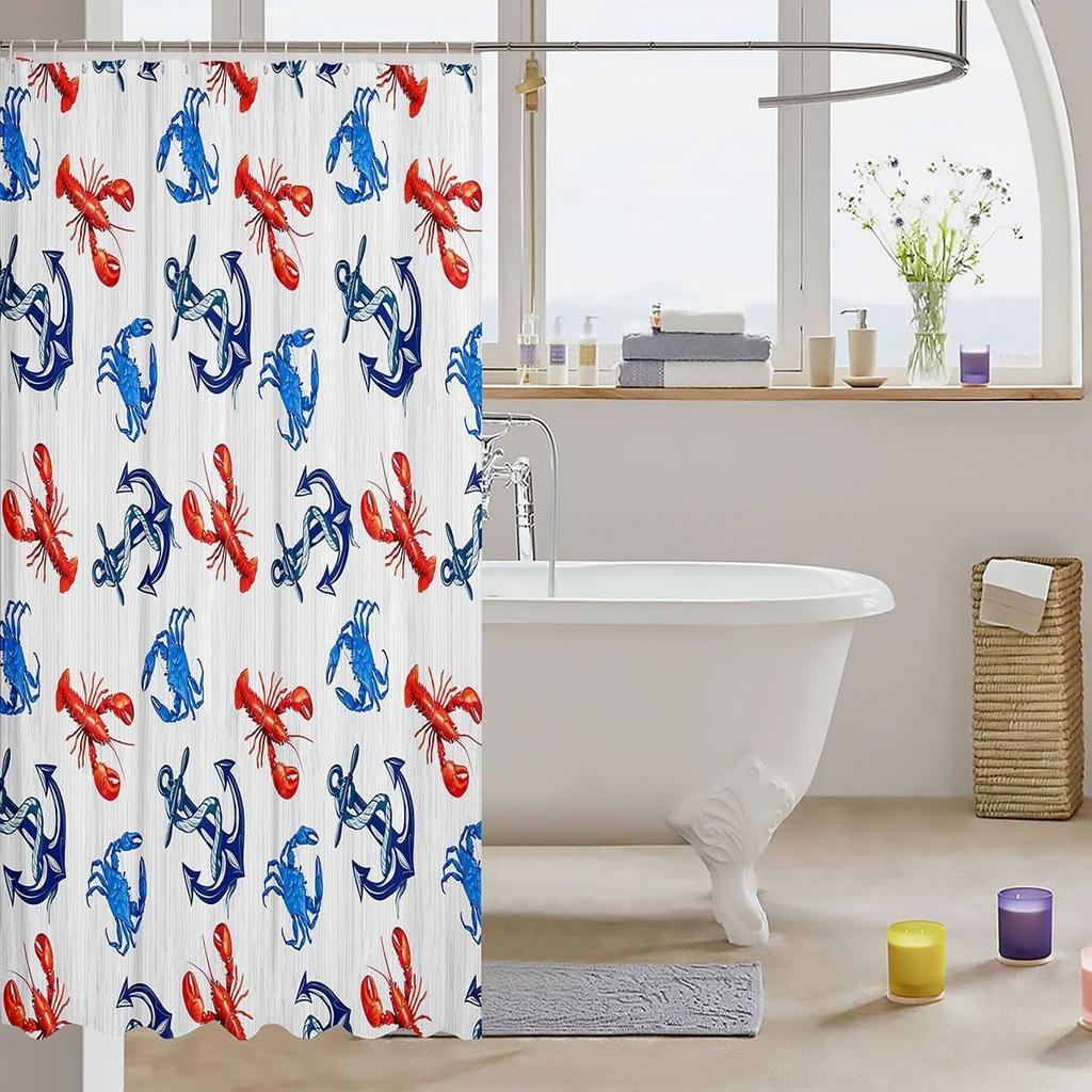 Wasserdichter Duschvorhang mit nautischem Hummer-Anker-Muster 180x180cm - Lustiger Stoff-Badevorhang mit Meeres-Thema für Kinder & Erwachsene