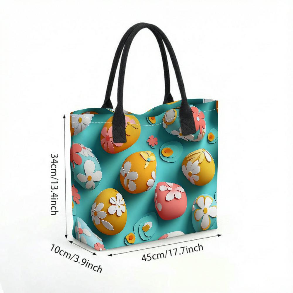 Cute Floral Easter Egg Pattern Tote Bag Stylish Casual Large Capacity Daily Shopping Shoulder Handbag for Women