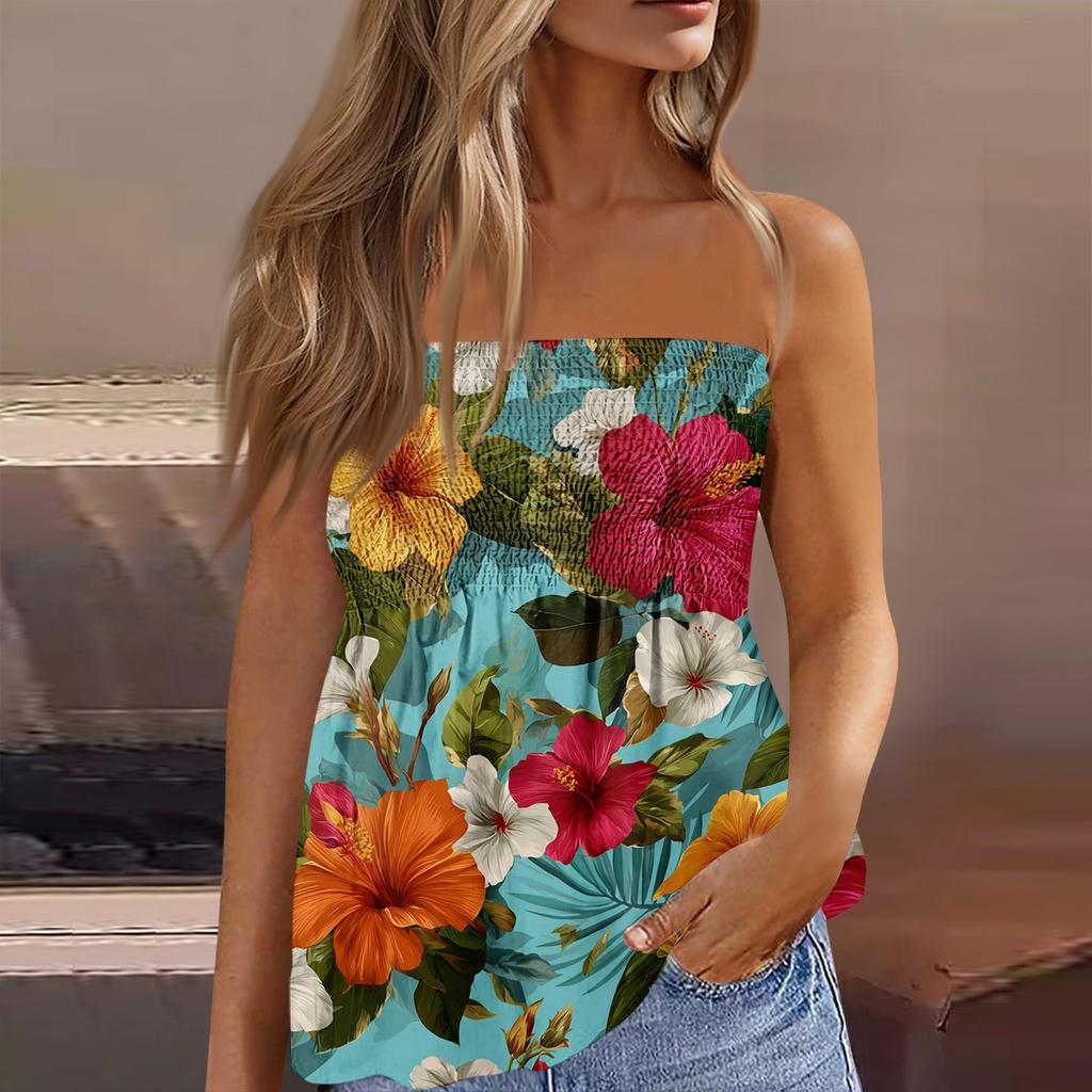 Women's Summer Fashion Strapless Top, Cute and Sexy Off-Shoulder Hawaiian Print Sleeveless T-Shirt