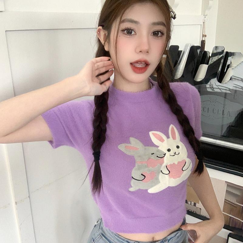 

Летняя женская футболка с принтом кролика, милые повседневные топы с короткими рукавами One Size