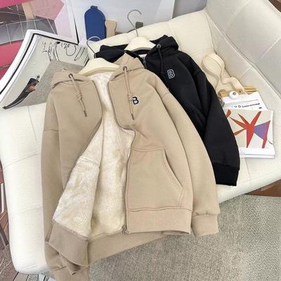 Damen Fleece-Sweatshirt mit verdickter Kapuze und Lammwolle, Herbst und Winter, lockere, warme Langarm-Strickjacke mit Reißverschluss