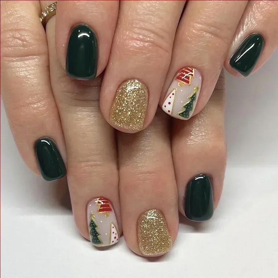 

BEPAN 24Pcs Christmas Press-On Nails Short Glitter with Snowman Design Full Cover Acrylic Fake Nail Tips for Women&girls Winter Wear