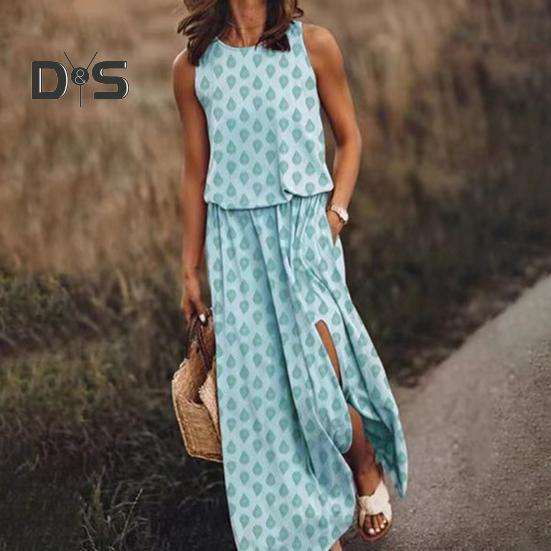 Women's Sleeveless Maxi Dress Casual Crew Neck Elastic Waist Split Long Dress with Pocket Summer Beach Vacation Sundress