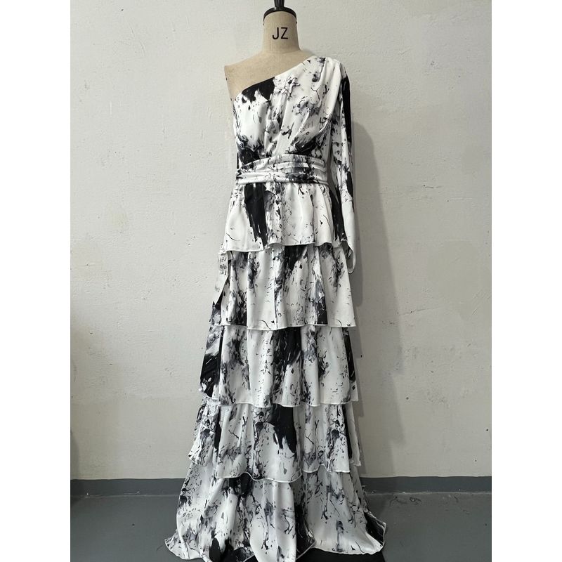 

European and American Summer New U-Neck Print Long sleeve Bell Sleeve Fashion Slim fit Women s clothing dress White XXL