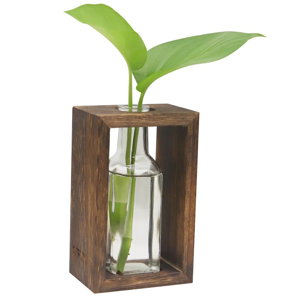 OFFIDIX Hydroponic Glass Vase Flower Base Wooden Frame Stylish Tabletop Vase Home Office Decoration