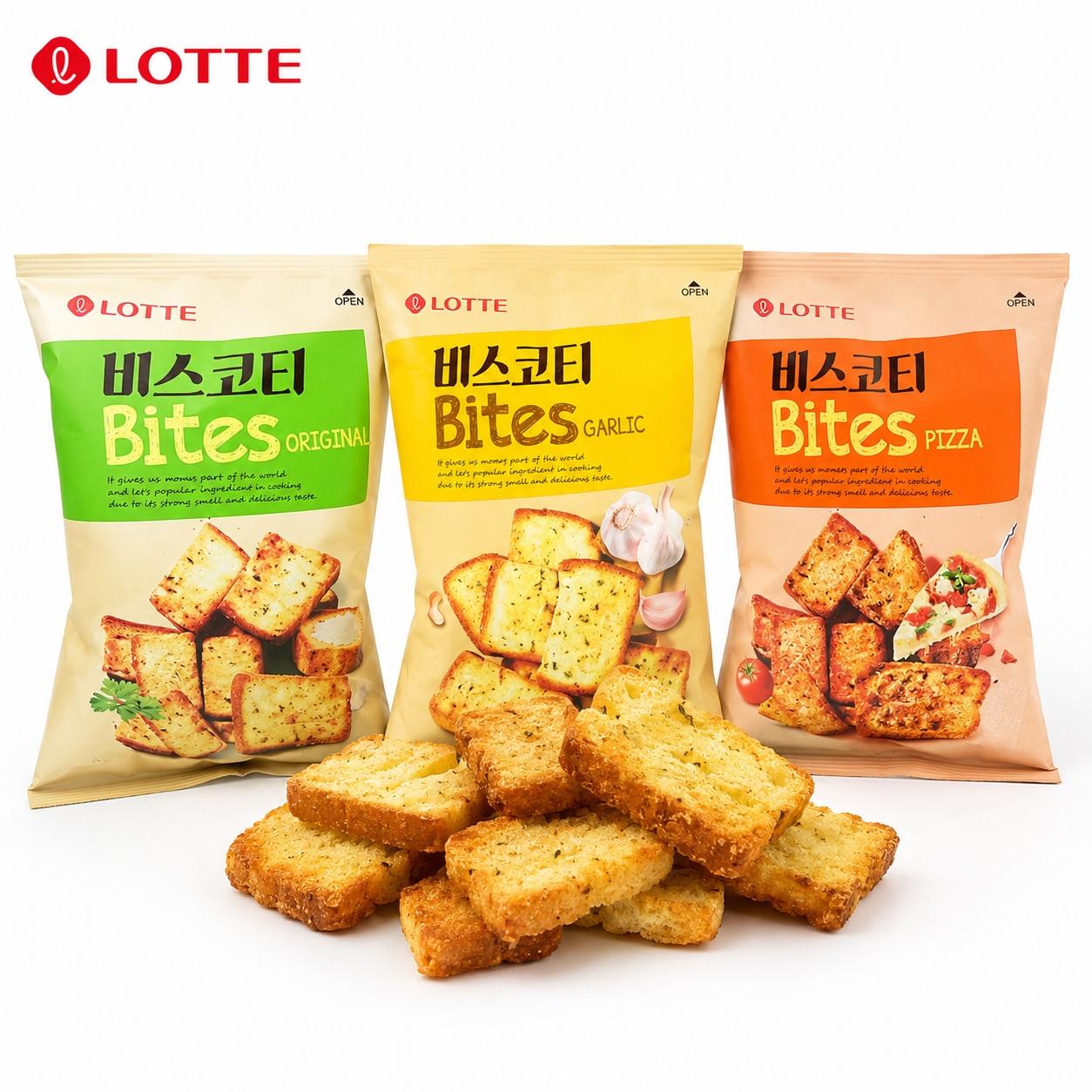 Lotte Toasted Bread Slices Casual Snacks, 70g per bag, 3 flavors available GARLIC