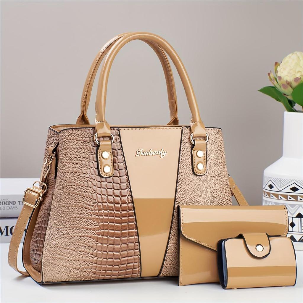 3-teiliges Elegantes PU Handtaschen-Set, Krokodilmuster Große Kapazität Umhängetasche mit Münzfach und Kartenhalter, Geprägte Tragetasche