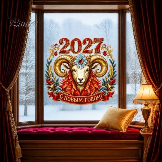 PVC Decorative Film 2027 Year Sheep Window Decal, Russian Happy New Static Sticker, Zodiac Flexible Shape Wall Decals Goat Glass Door Decor, Reusable
