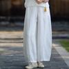 Johnature Women Vintage Pants Summer Chinese Style Solid Color Elastic Waist Trousers Loose Pockets Wide Leg Pants