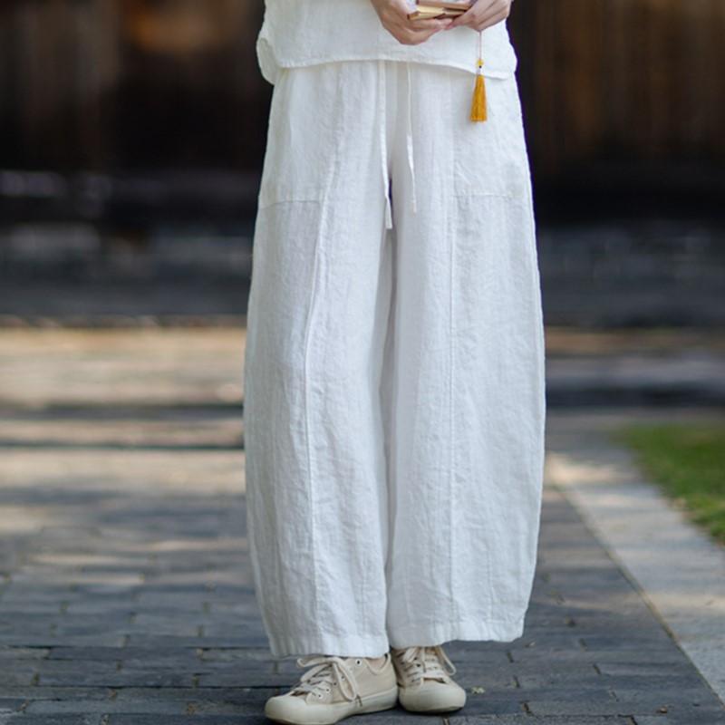 Johnature Women Vintage Pants Summer Chinese Style Solid Color Elastic Waist Trousers Loose Pockets Wide Leg Pants