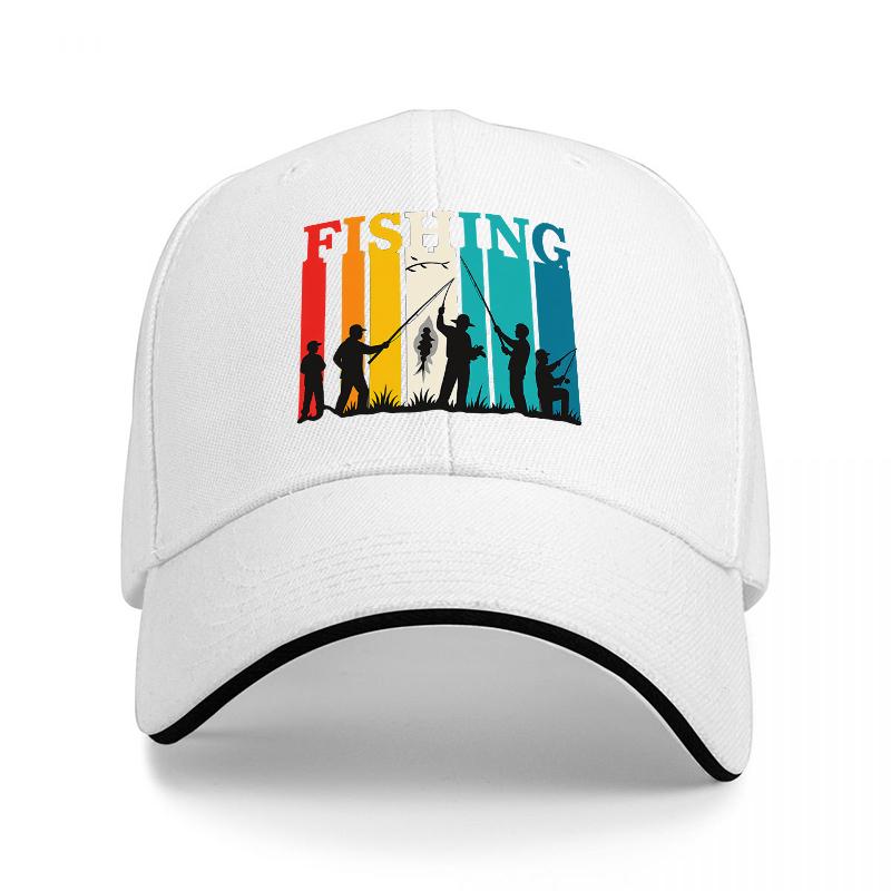 FISHING RETRO SILHOUETTE BASEBALL CAP COLORFUL STRIPES DESIGN Unisex OUTDOOR HAT FISHING ENTHUSIASTS STYLE CLASSIC FIT