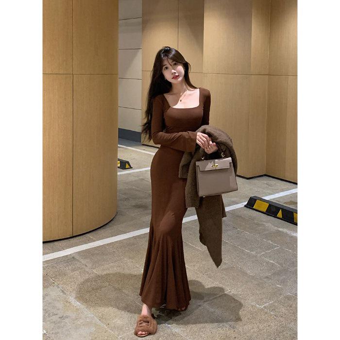 

2025 Осень Корейский стиль Черное платье «рыбий хвост» с лотосом для женщин Extra Large коричневый