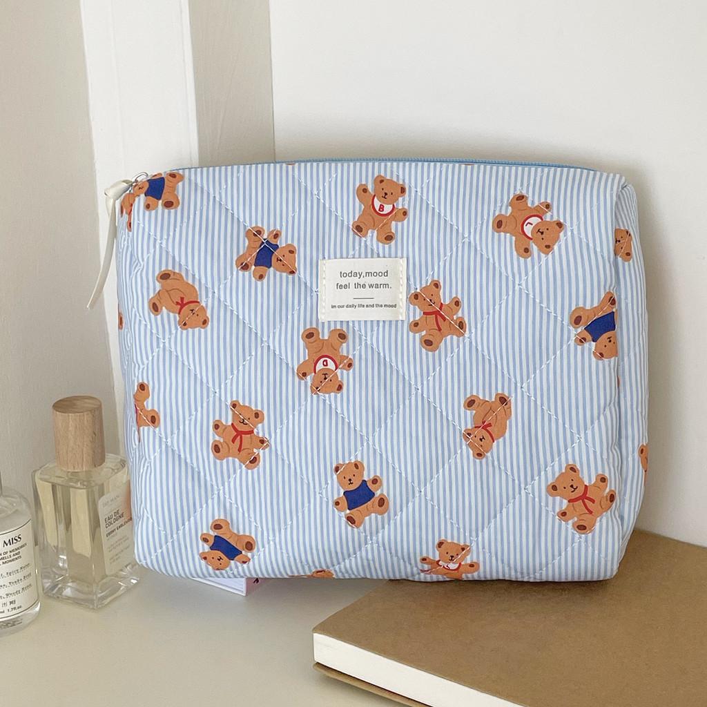 Blue Striped Bear Cosmetic Bag With Quilted Storage For Daily Use And Travel