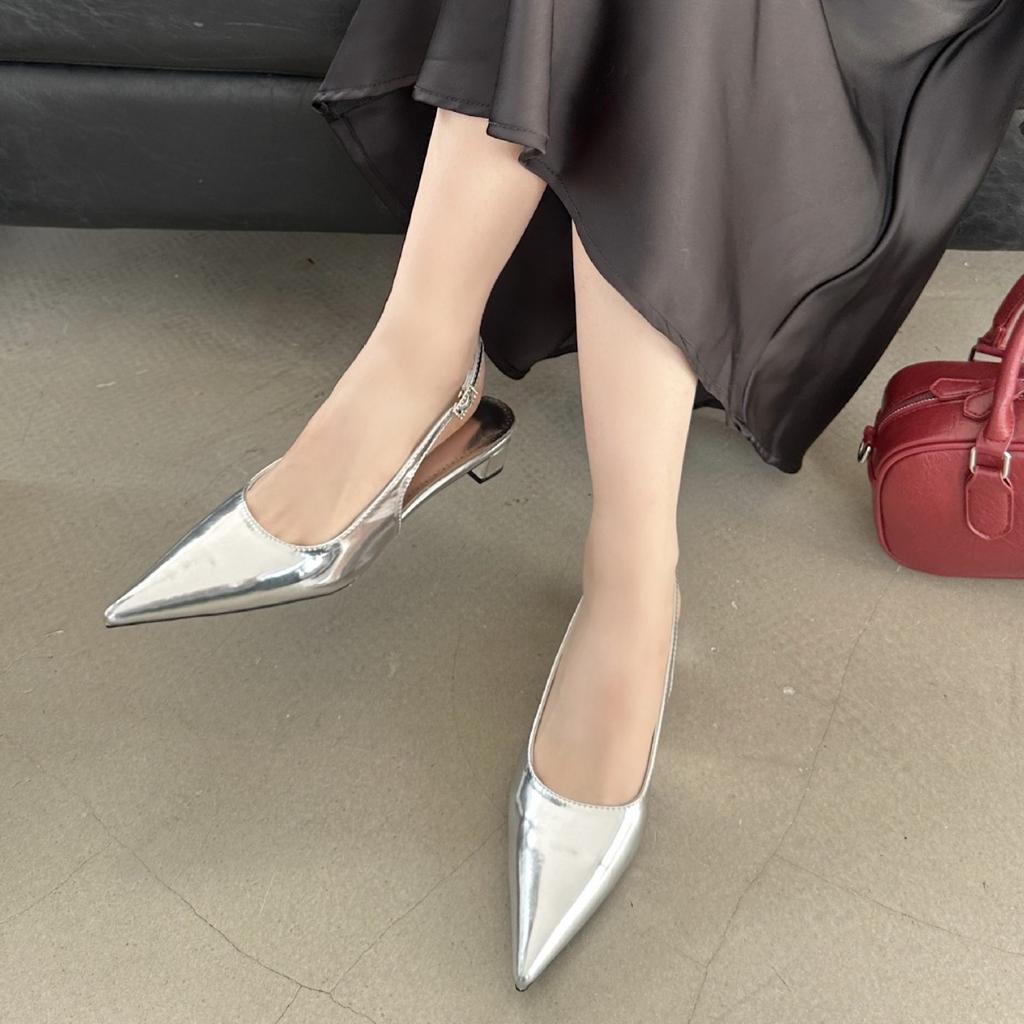 2025 spring new pointed thick heel short heel European and American fashion bag head women's shoes