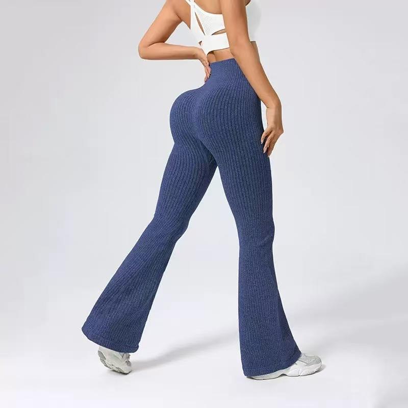 Women's Solid-Color Knit Ribbed High-Waisted Slightly Flared Slimming Seamless Yoga Flared Pants for Spring and Fall