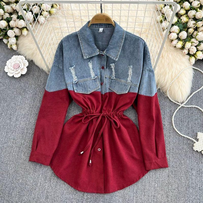 

Fall 2022 Niche Loose Long Sleeves Denim Shirt Burgundy All yards