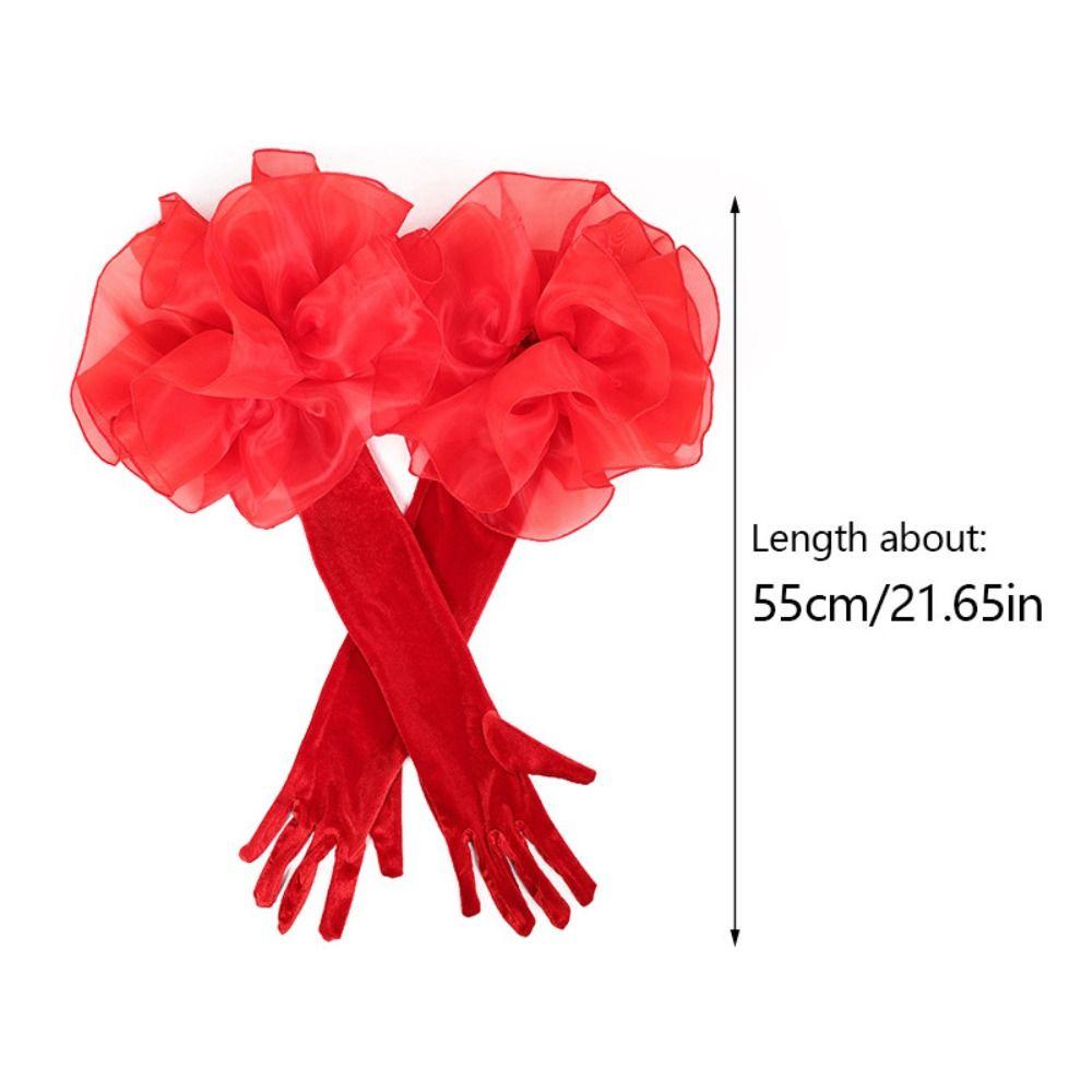 Organza Flower Long Gloves Elastic Wedding Bridal Gloves Retro Ruffles Velvet Mittens  Women