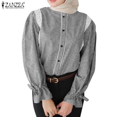 Women Lace Patchwork Casual O-neck Long Sleeve Grid Blouse