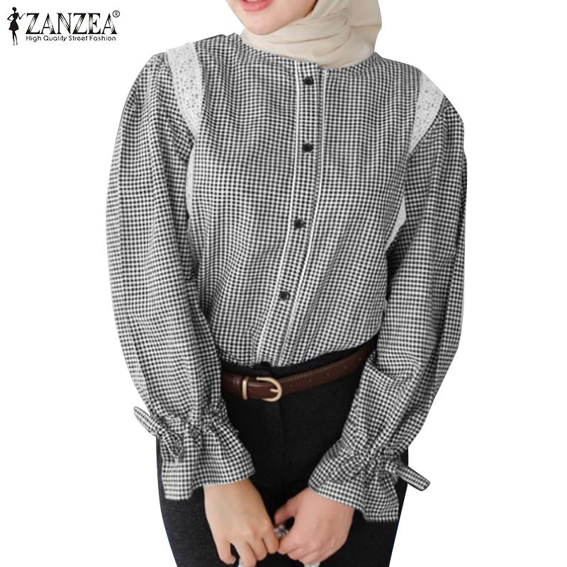 

ZANZEA Women Lace Patchwork Casual O-neck Long Sleeve Grid Blouse S чёрный