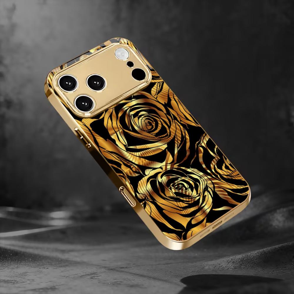Luxury Black & Gold Rose mobile phones Glass phone case for iphone 17 pro max cover for iPhone 17 16 15 14 13 12 11pm Pro Plus